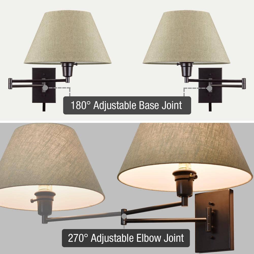 Black 13" Swing Arm Wall Lamp with Latte Mocha Fabric Shade