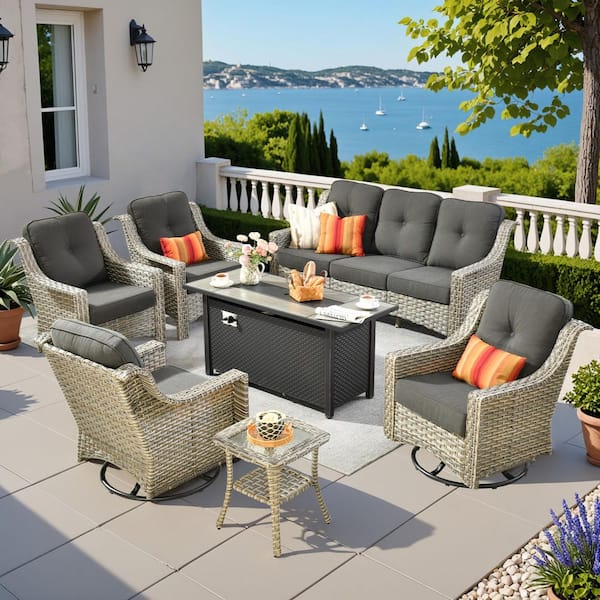 Eureka 7-Piece Wicker Patio Conversation Sofa Swivel Chair Set with Metal Fire Pit Table and Black Cushions