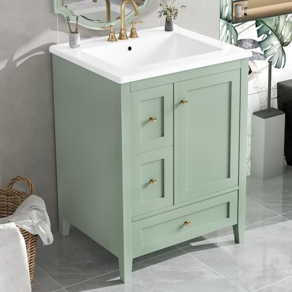 24 in. Freestanding Green Bath Vanity with White Ceramic Top, Removable Dividers and Adjustable Shelf