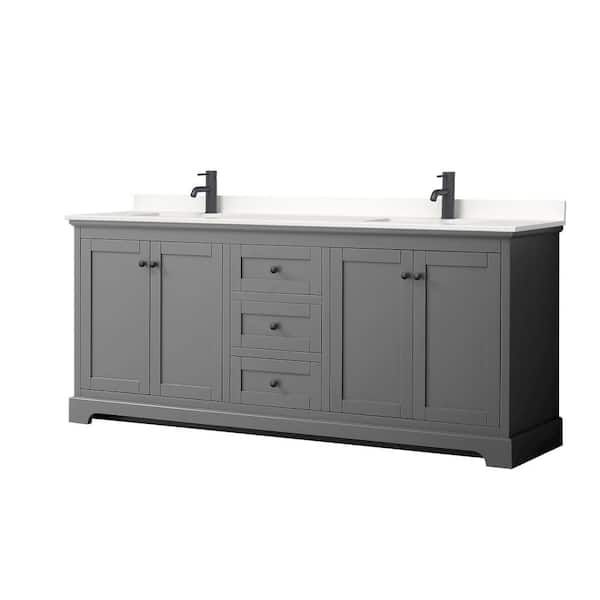 Wyndham Collection Avery 80 in. W x 22 in. D x 35 in. H Double Bath Vanity in Dark Gray with White Quartz Top