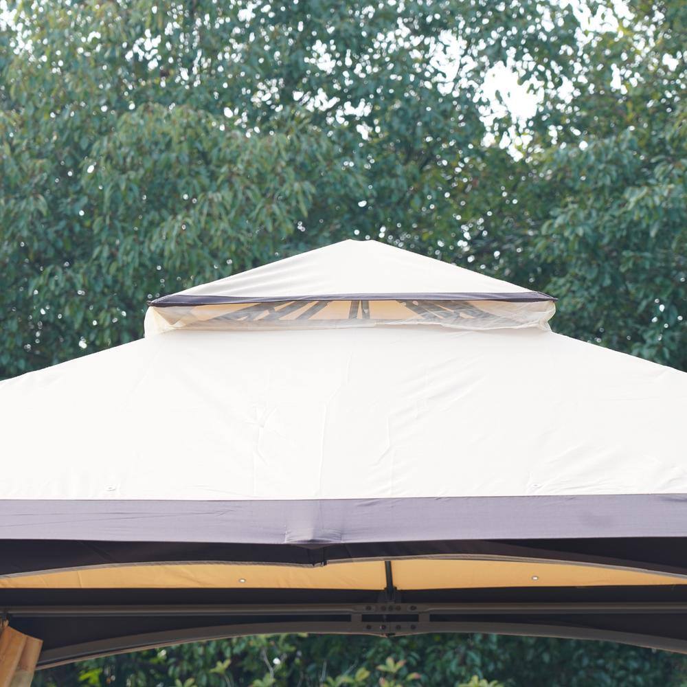 Beige and Brown Steel Frame Outdoor Gazebo with Mesh Curtains