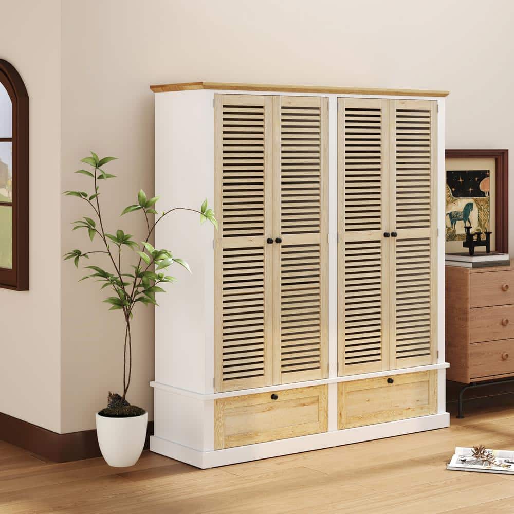 Brown Wood 63.00 in. 4 Shutter Door Closet Armoire with 2 Drawers