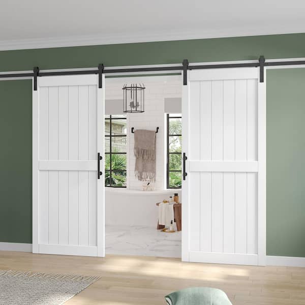72 in. x 84 in. (Double 36 in doors) White Paneled H Shape Solid MDF Sliding Barn Door with Hardware Kit