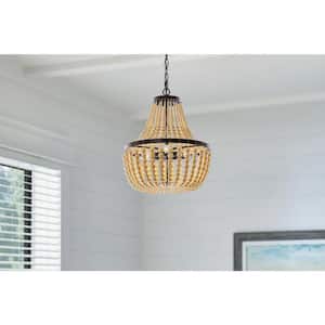 Cayman 3-Light Bronze Chandelier Light Fixture with Faux Wood Beaded Shade