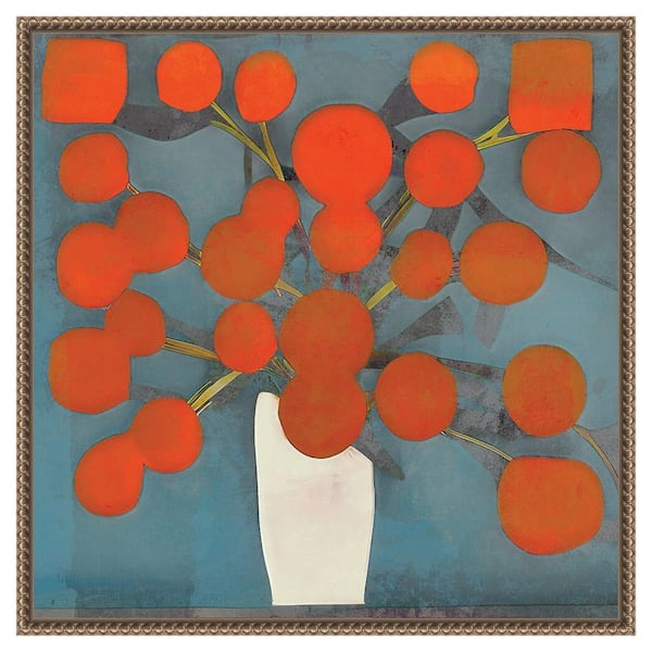 Abstract Orange Flowers by Elena Ray 22 in. W x 22 in. H. Canvas Wall Art Print Framed in Bronze