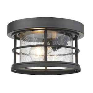 1-Light Black Outdoor Flush Mount with Clear Seedy Glass Shade