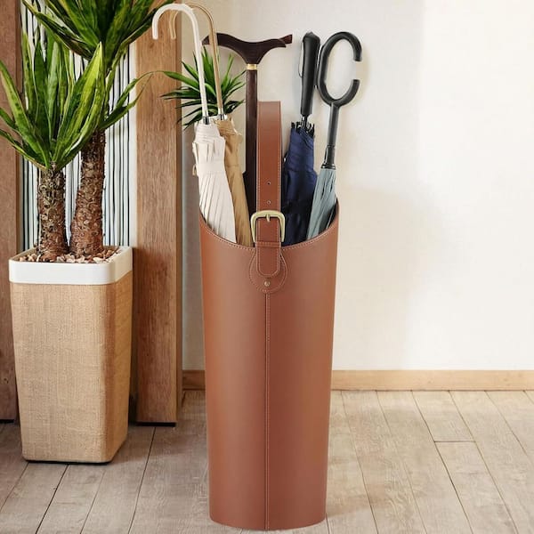 Rustic Series Brown Artificial Leather Umbrella Stand with Removable Water Tray and-Hooks for Entryway Indoor