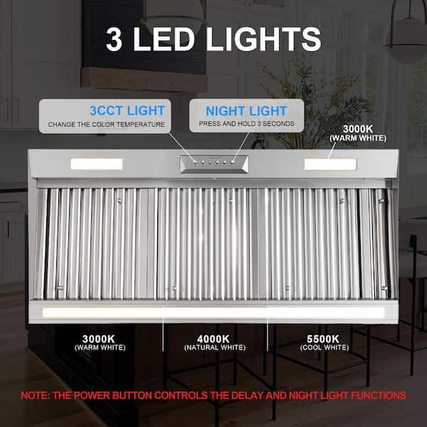 Akicon 42 in. 1200 CFM Ducted Stainless Steel Range Hood Insert with 4-Speed, 3 CCT LED Light and Heat Sensor Auto Speed