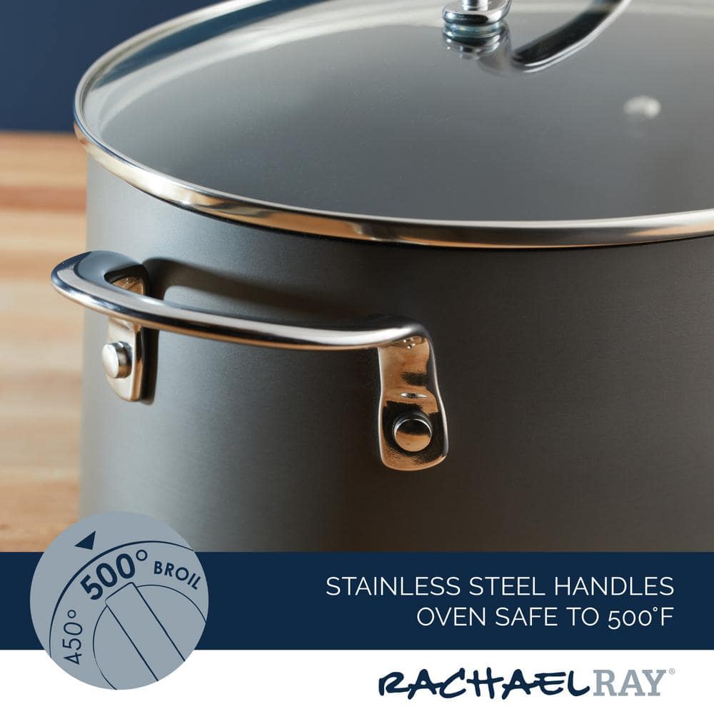 Gray Hard Anodized Nonstick Oval Pasta Pot with Glass Lid