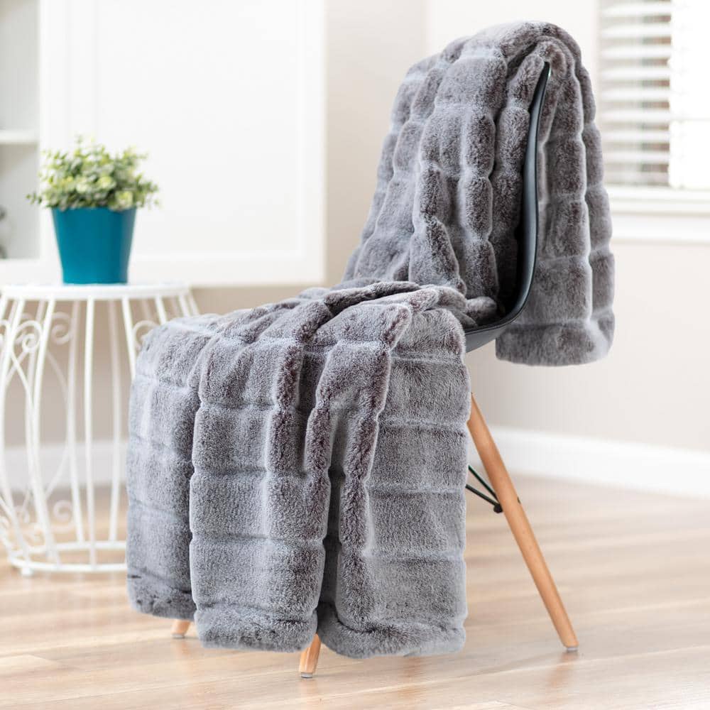 Luxurious Frost Tip Faux Fur Reversible Throw Blanket, 50x65 Inches, Gray