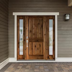70 in. x 80 in. Rustic Knotty Alder Square Top Right-Hand/Inswing Clear Glass Black Stain Wood Prehung Front Door w/DFSL