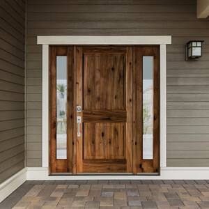 70 in. x 80 in. Knotty Alder Square Top Right-Hand/Inswing Clear Glass Red Chestnut Stain Wood Prehung Front Door w/DFSL
