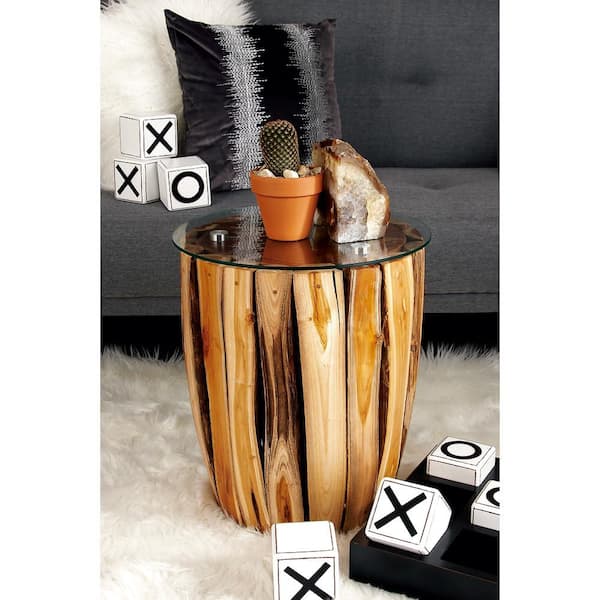 Litton Lane 16 in. Brown Handmade Medium Cylinder Glass End Accent Table with Clear Glass Top