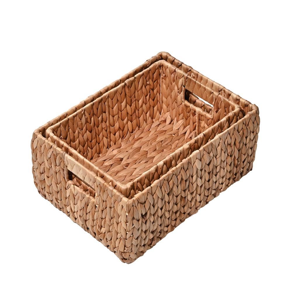 Natural Woven Hyacinth and Steel Square Storage Basket Set