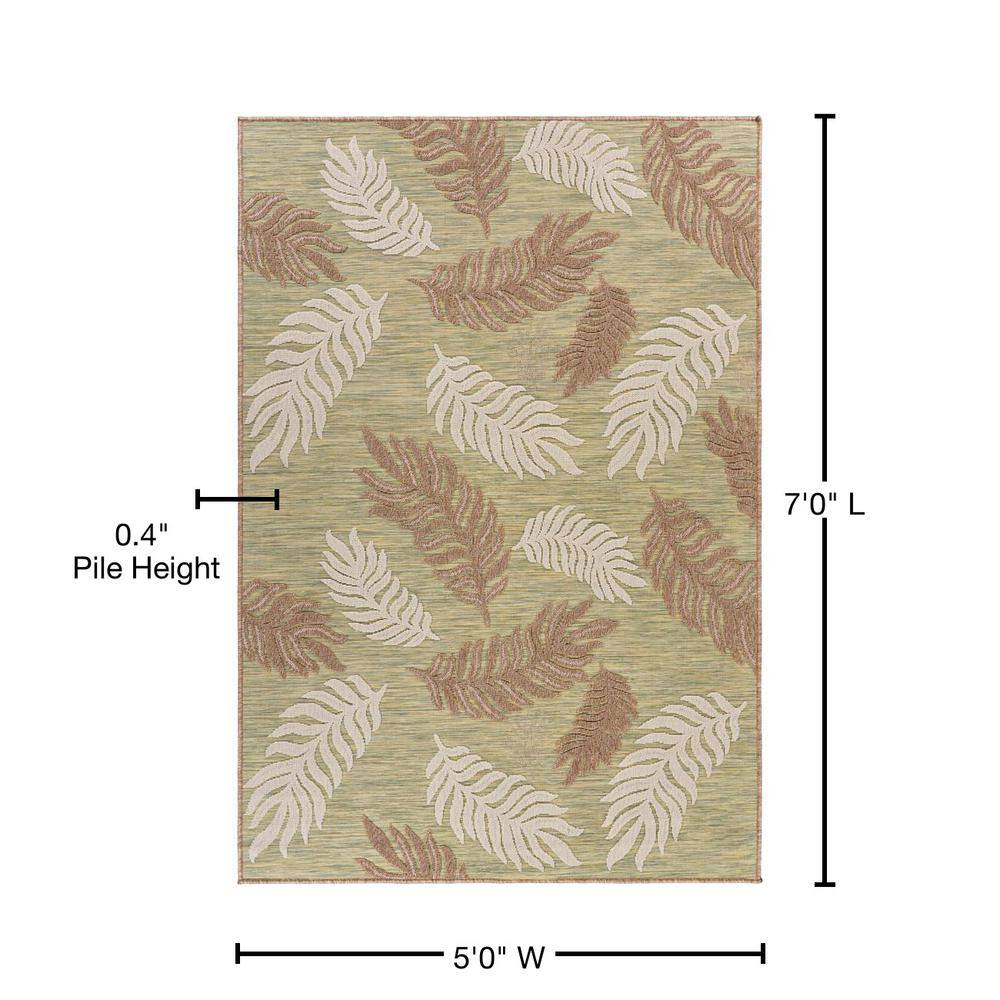 Tropical Green Leaf 5' x 7' Easy-Care Indoor/Outdoor Area Rug