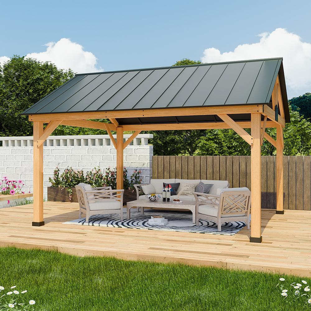 13 ft. x 11 ft. Cedar Wood Patio Gazebo with Black Steel Roof