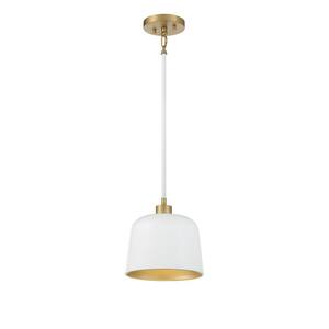 9 in. W x 9 in. H 1-Light White and Natural Brass Standard Pendant Light with White Metal Shade