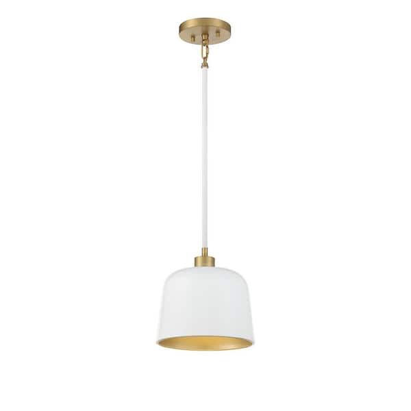 TUXEDO PARK LIGHTING 9 in. W x 9 in. H 1-Light White and Natural Brass Standard Pendant Light with White Metal Shade