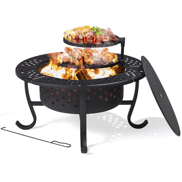 Sizzim 36 in. Black Round Steel Wood Burning Fire Pit with Grills and Poker