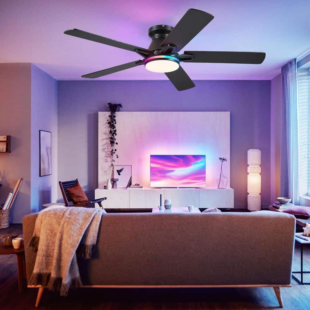 52 in. Indoor Integrated LED RGB Light Flush Mount Black Ceiling Fan with Reversible DC Motor and Remote Control price history on PriceWatchPro
