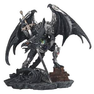 21 in. W Medieval Black Dragon with Sword Statue Fantasy Decoration Figurine