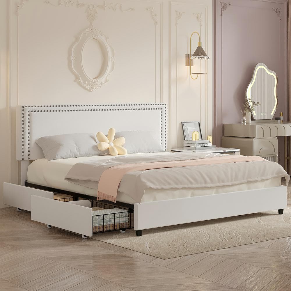 White Velvet Upholstered King Platform Bed with Storage Drawers
