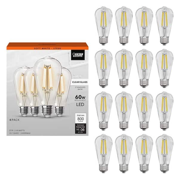 60-Watt Equivalent ST19 Dimmable Straight Filament Clear Glass E26 Vintage Edison LED Light Bulb, Soft White (16-Pack)