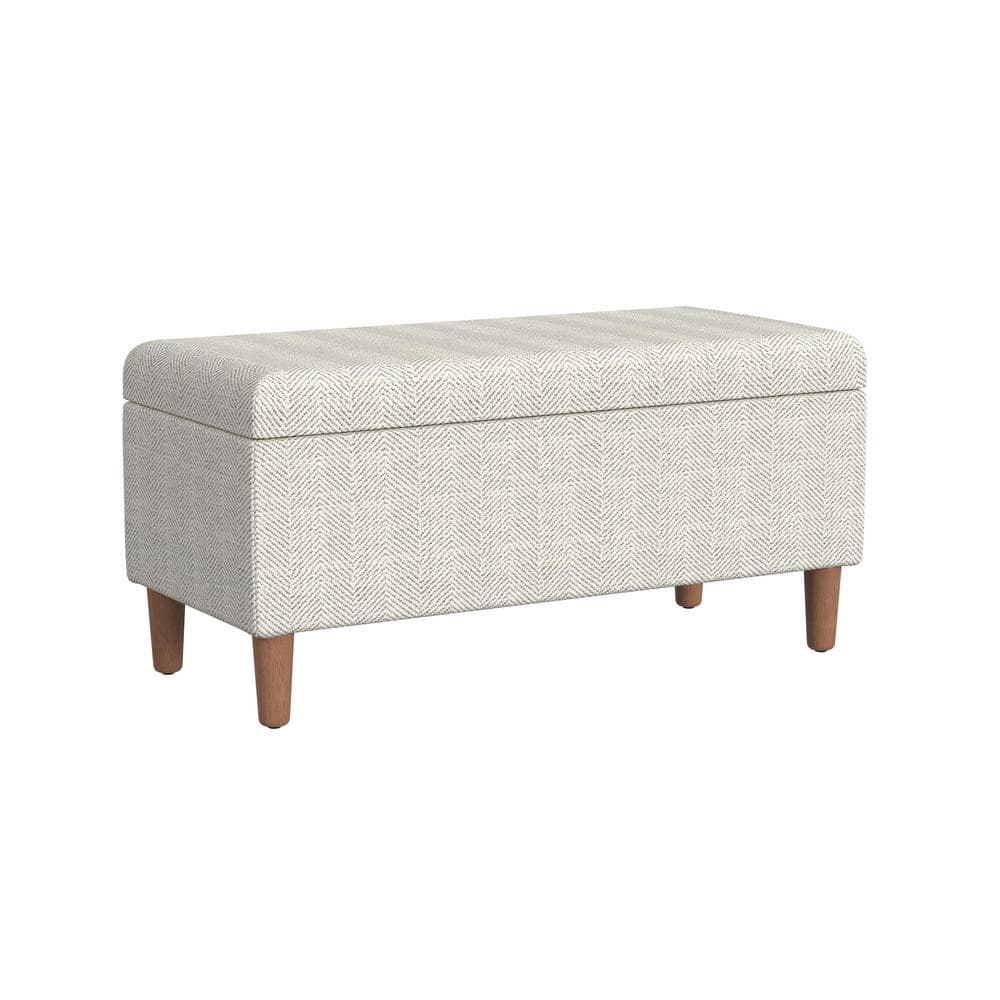 Cream Chevron Upholstered Storage Bench with Wood Legs