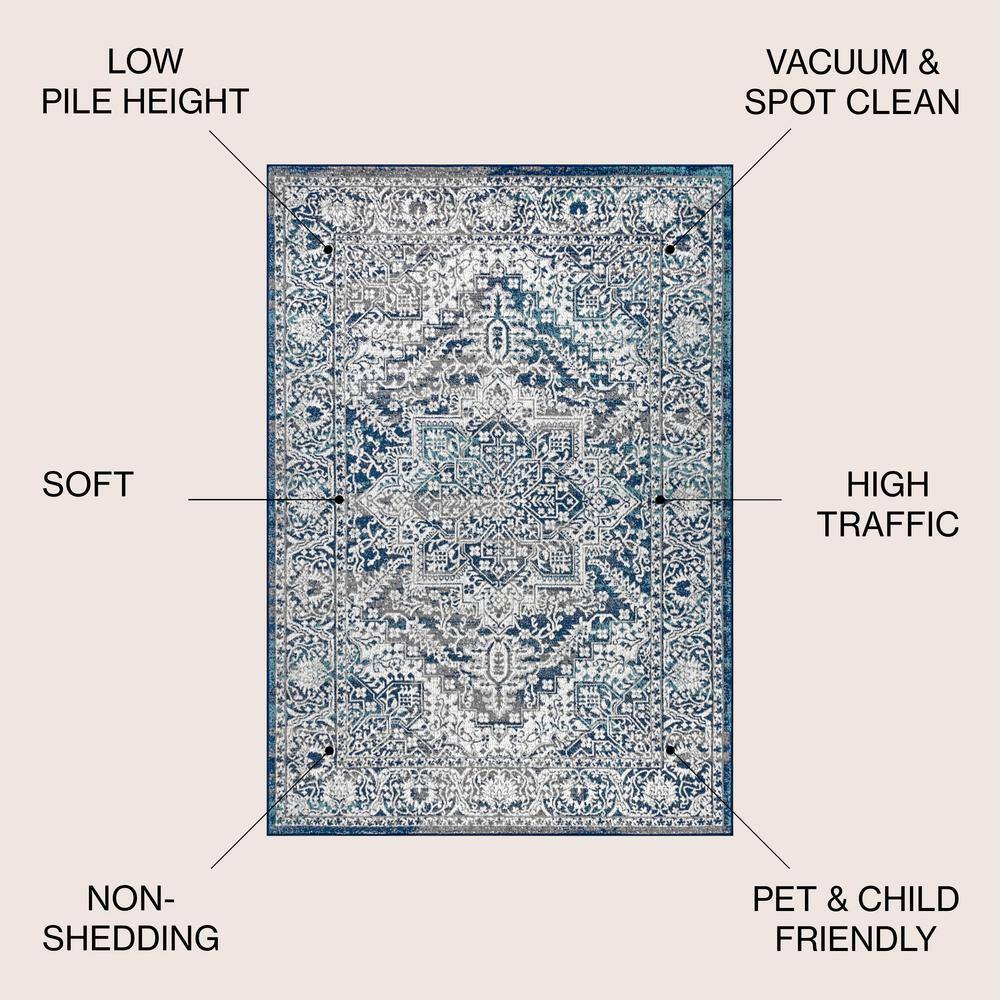 Navy and Light Grey Synthetic Medallion 4' x 6' Area Rug