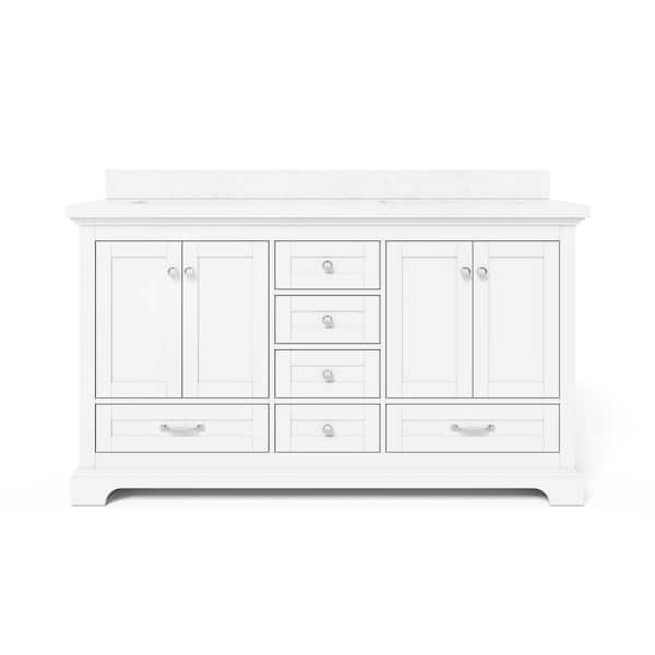 Bluestern 60 in. Double Sink Freestanding White Bath Vanity with White Natural Veining Engineered Stone Top (Assembled)