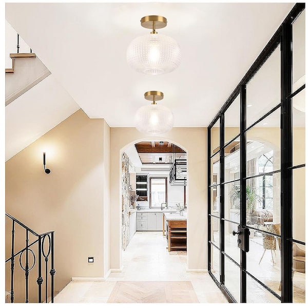 9.84 in. Gold Semi-Flush Mount Ceiling Light Fixture with Clear Globe Glass for Bedroom, Bathroom（Bulb Not Included）