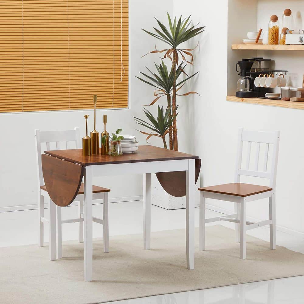 Brown+White Wood 55.1 in. W Pedestal Dining Table, Drop Leaf Kichen ...