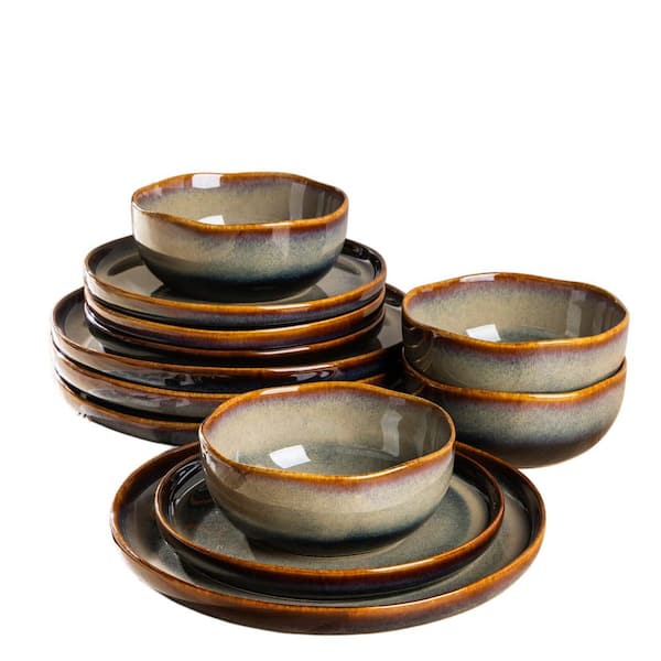 12-Piece Coffee Bean Brown Ceramic Dinnerware Set (Service for 4), Handmade Reactive Glaze Plates and Bowls Set