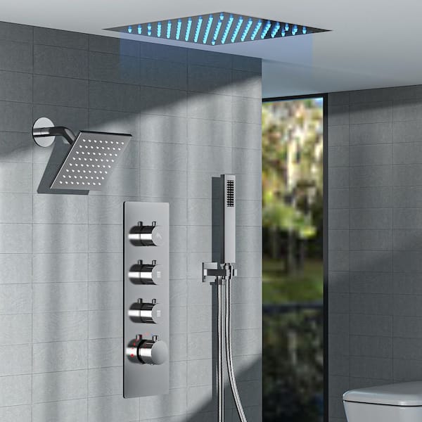 EVERSTEIN Chromotherapy 7-Spray Square 12in. Rain LED Shower System w/ 6in. Shower Head Handheld shower in Brushed Nickel 2.5 GPM