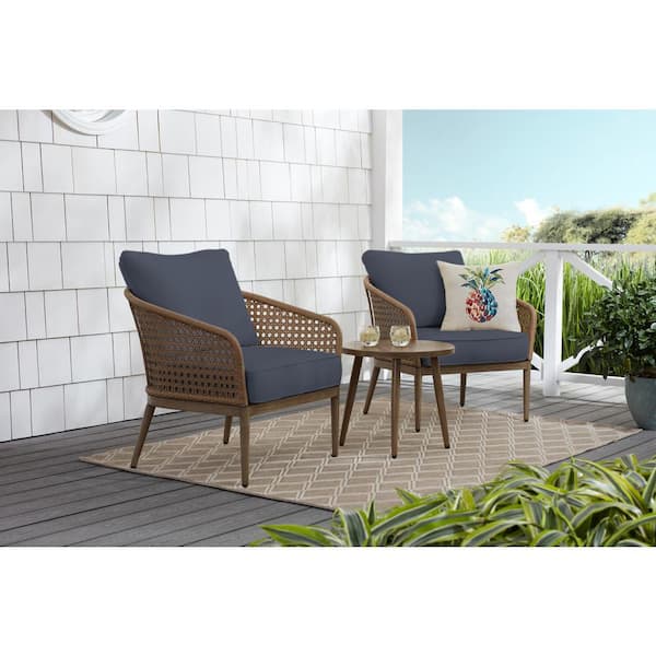 Hampton Bay Coral Vista 3-Piece Brown Wicker Outdoor Patio Bistro Set with CushionGuard Sky Blue Cushions