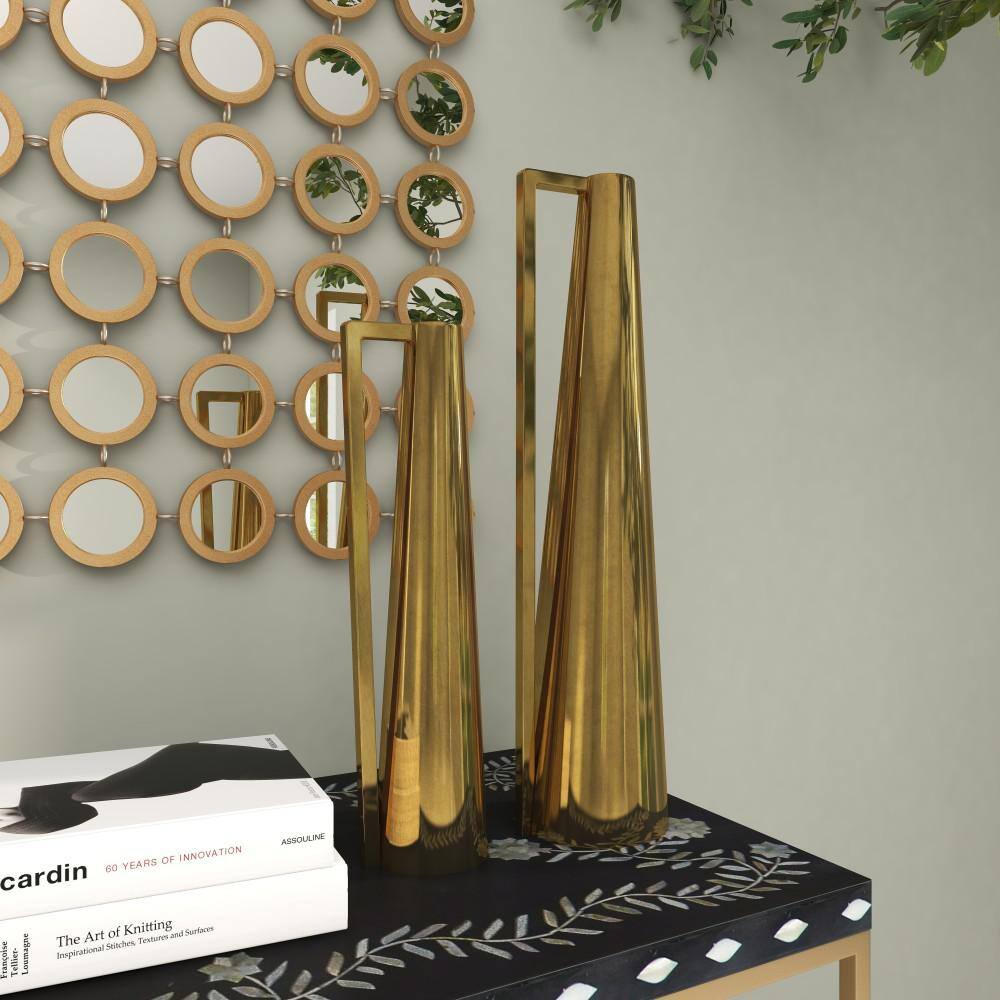 Gold Slim Cone Metal Geometric Decorative Vase Set