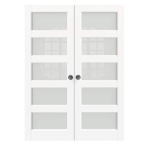 60 in. x 80 in. MDF Composite, Primed, White, 5-Lite, Frosted Glass Interior Door Slab with Black Goal Doorknob