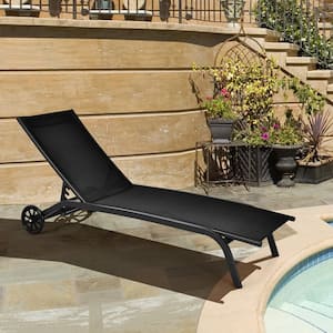 Black 6-Poisition Adjustable with Wheels Outdoor Lounge Chair