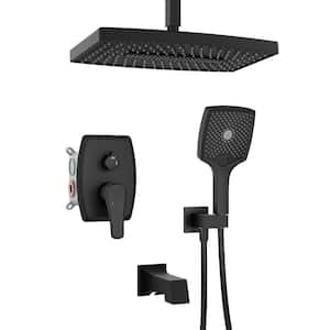 Single-Handle 5-Spray Ceiling Mount Rectangle Tub and Shower Faucet with Hand Shower in Matte Black(Valve Included)