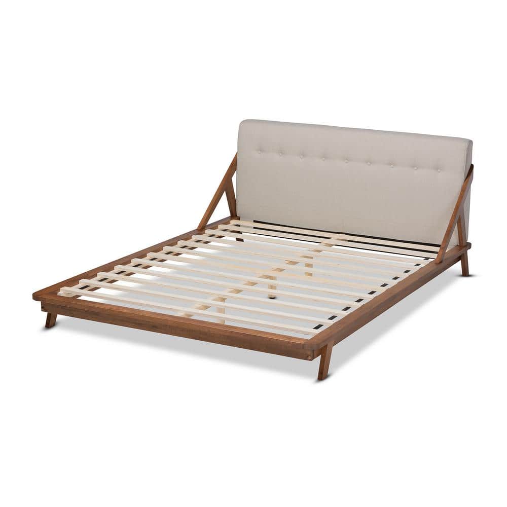 Mid-Century Modern Beige Upholstered Walnut Full Platform Bed