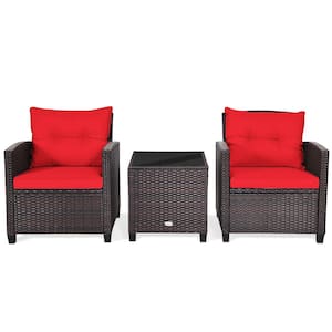 Brown 3-Pieces Wicker Patio Conversation Set Outdoor Rattan Furniture with Red Cushions