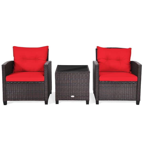HONEY JOY Brown 3-Pieces Wicker Patio Conversation Set Outdoor Rattan Furniture with Red Cushions