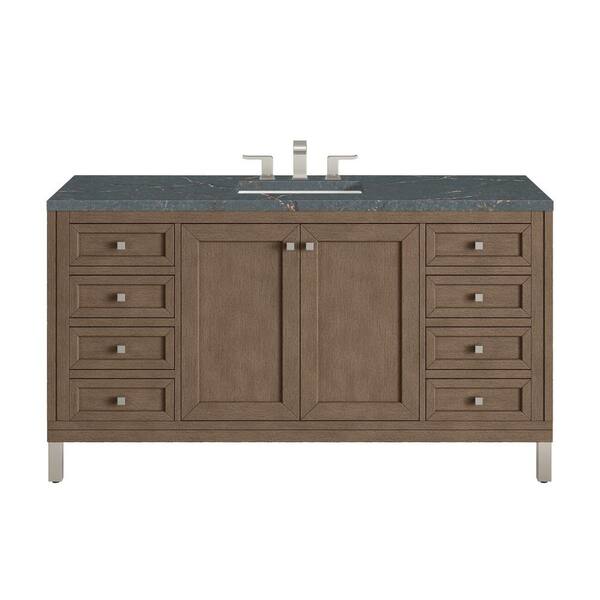 James Martin Vanities Chicago 60.0 in. W x 23.5 in. D x 33.8 in. H Single Bathroom Vanity Whitewashed Walnut and Parisien Bleu Quartz Top