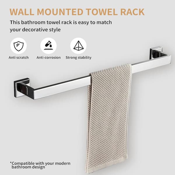 BWE 24 in. Modern Square Wall Mounted Single Bathroom Towel Bar Holder Rack Bath Accessories Hanger in Polished Chrome A 91089 C The Home Depot