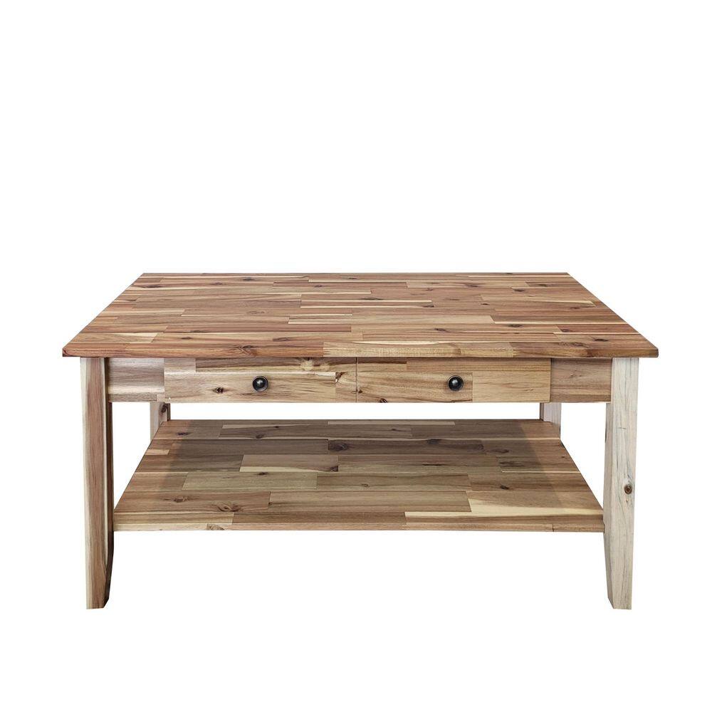Natural Acacia Wood Rectangular Coffee Table with Drawer and Shelf