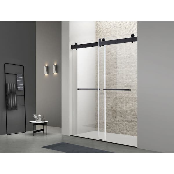 48 in. W x 76 in. H Double Sliding Frameless Shower Door in Matte Black with 5/16 in. Tempered Glass