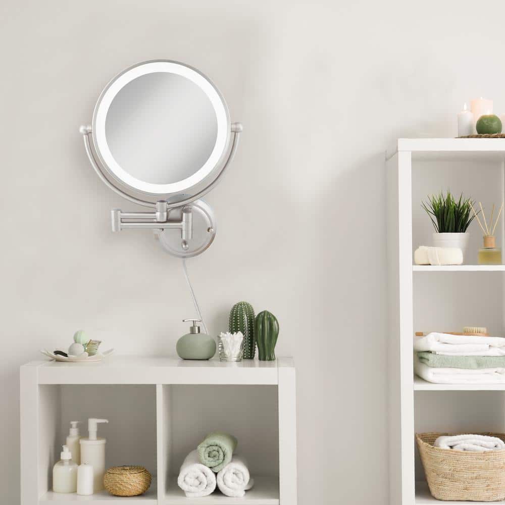 Satin Nickel 14" Dual-Sided 5X/1X Magnifying Wall Mirror with Adjustable Brightness