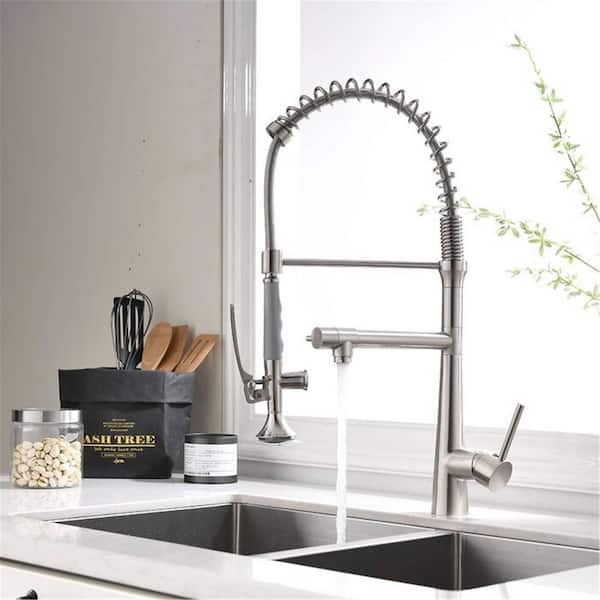 FLG Commercial Kitchen Sink Faucet with Sprayer 1 Handle Pull Down Kitchen Faucets Single hole Brass Taps Brushed Nickel
