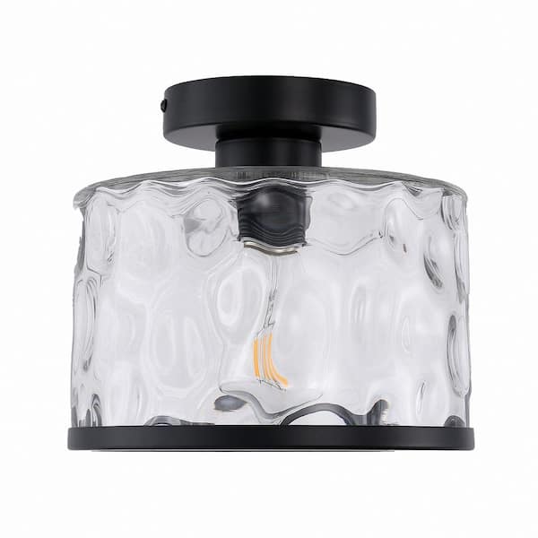 9 in. 1-Light Black Metal Semi-Flush Mount for Bathroom with Water Glass Shade and No Bulbs Included 1-Pack