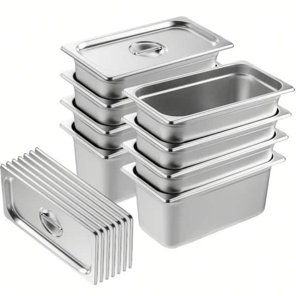 8 Pack 1/3 Size 6.3 QT. Stainless Steel Steam Table Roasting Pans with Lids, 0.8mm Thick 6-In. Deep Catering Pans